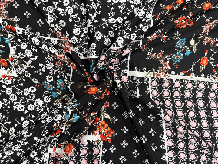 Lightweight  satin  dobby fabric by the yard - Black orange turquoise floral  pattern