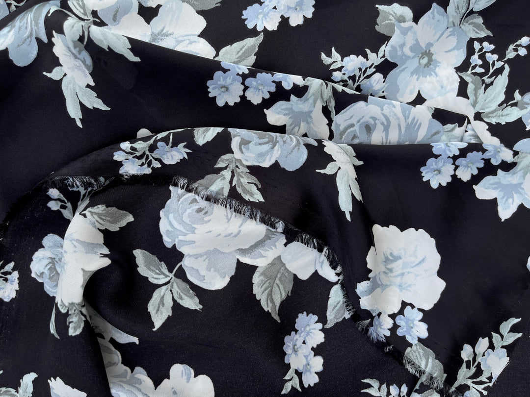 Lightweight  satin  fabric - Black white and gray floral   print