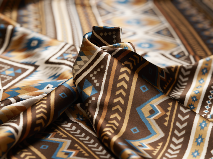 Charmeuse satin fabric by the yard - Brown blue Tribal   print - USA made