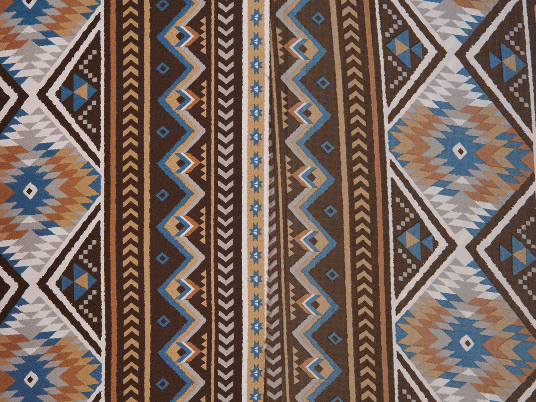 Charmeuse satin fabric by the yard - Brown blue Tribal   print - USA made