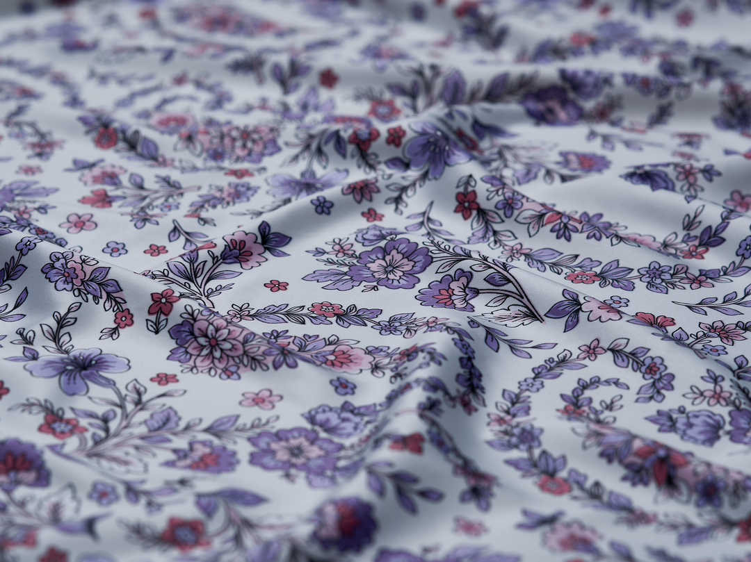 Faux silk charmeuse satin fabric by the yard - Off white  purple floral paisley print