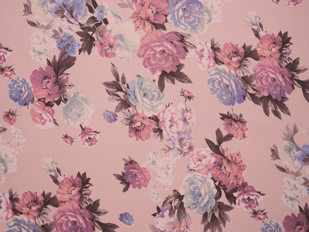 Lightweight  satin  fabric by the yard - Light pink gray lavender florals  pattern