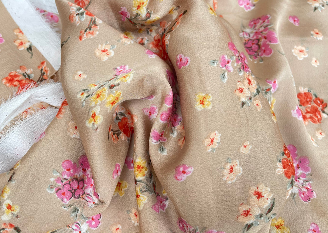 Lightweight  satin  dobby fabric by the yard - Pink orange flowers on bronze background  floral  pattern