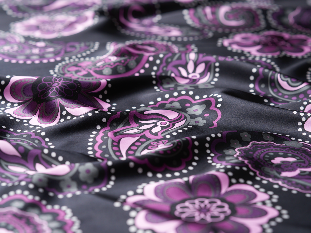 Charmeuse satin fabric by the yard -  Purple  Daisy paisley print