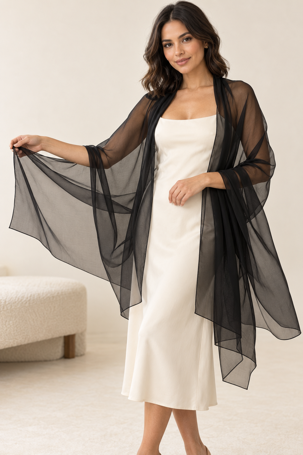 BLACK - SILK SATIN CHIFFON fabric by the yard - 44” wide - 8momme