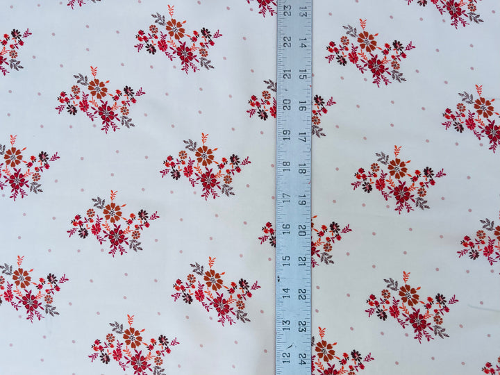 Lightweight  satin  fabric by the yard - Off white rusty orange    floral  and dots  print