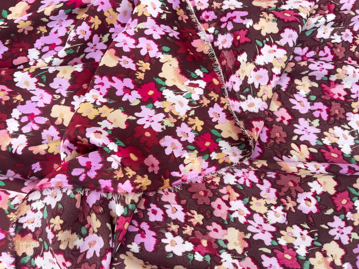 Lightweight  satin fabric by the yard - Burgundy brown pink  dainty floral pattern