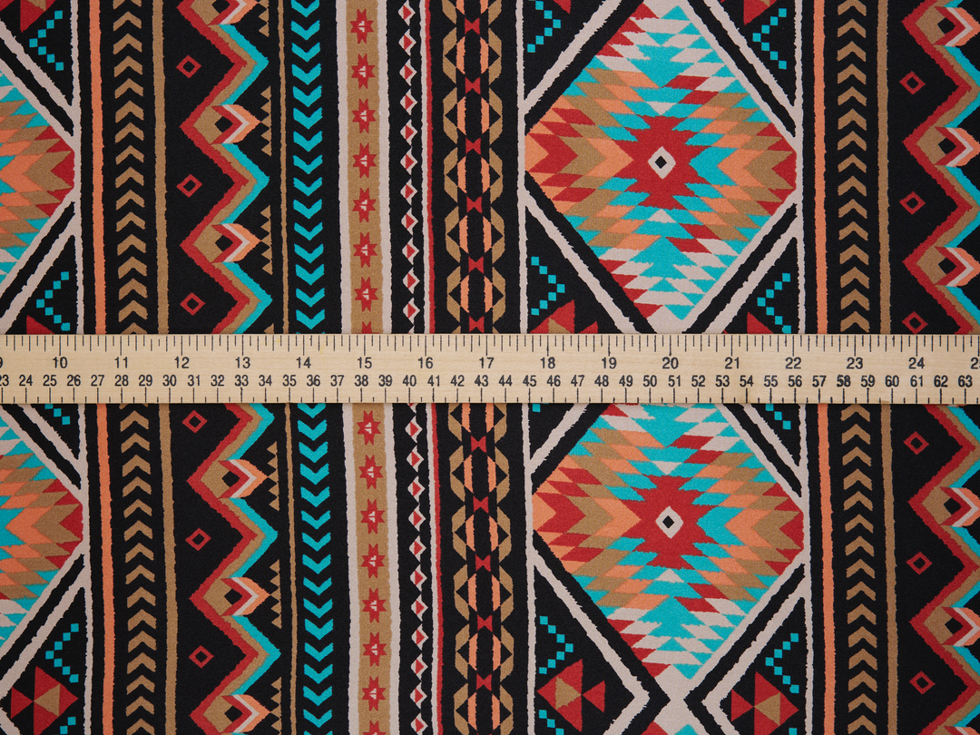 Charmeuse satin fabric by the yard - Black teal Tribal   print - USA made