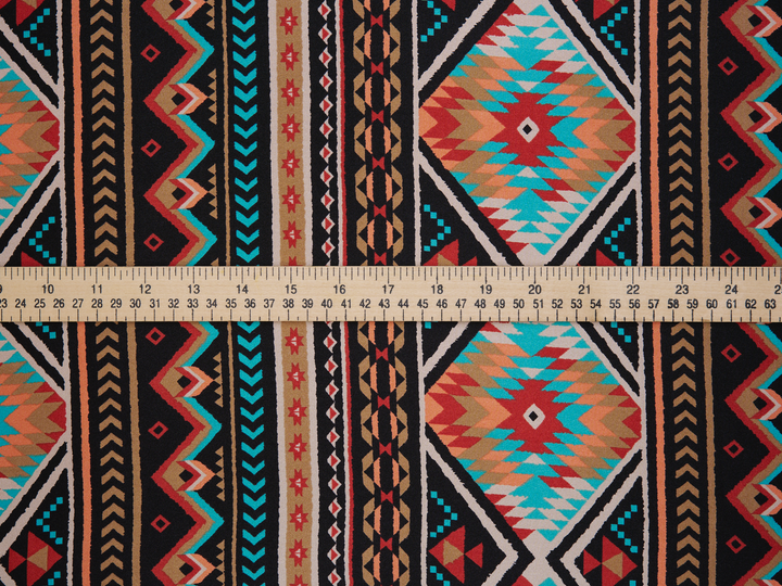 Charmeuse satin fabric by the yard - Black teal Tribal   print - USA made