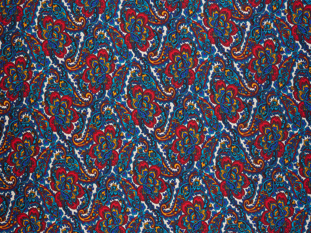 Charmeuse satin fabric by the yard - Red blue   paisley  print - USA made