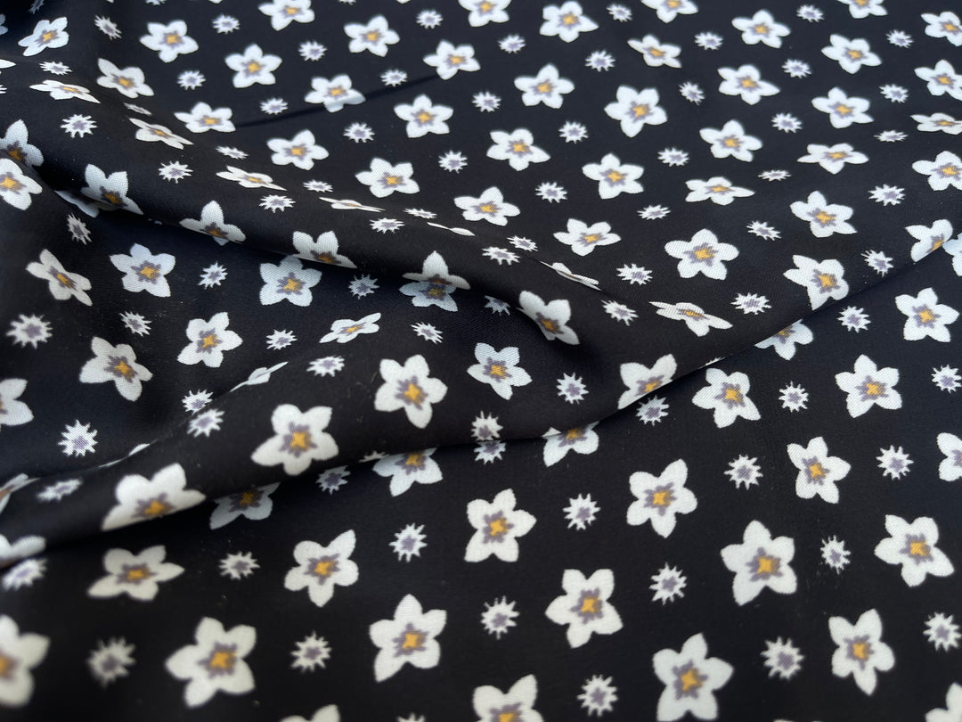 Lightweight  satin  fabric by the yard - Black white dainty    florals  print