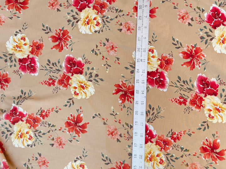 Lightweight  satin  fabric by the yard - Mocha with red and yellow  florals  pattern