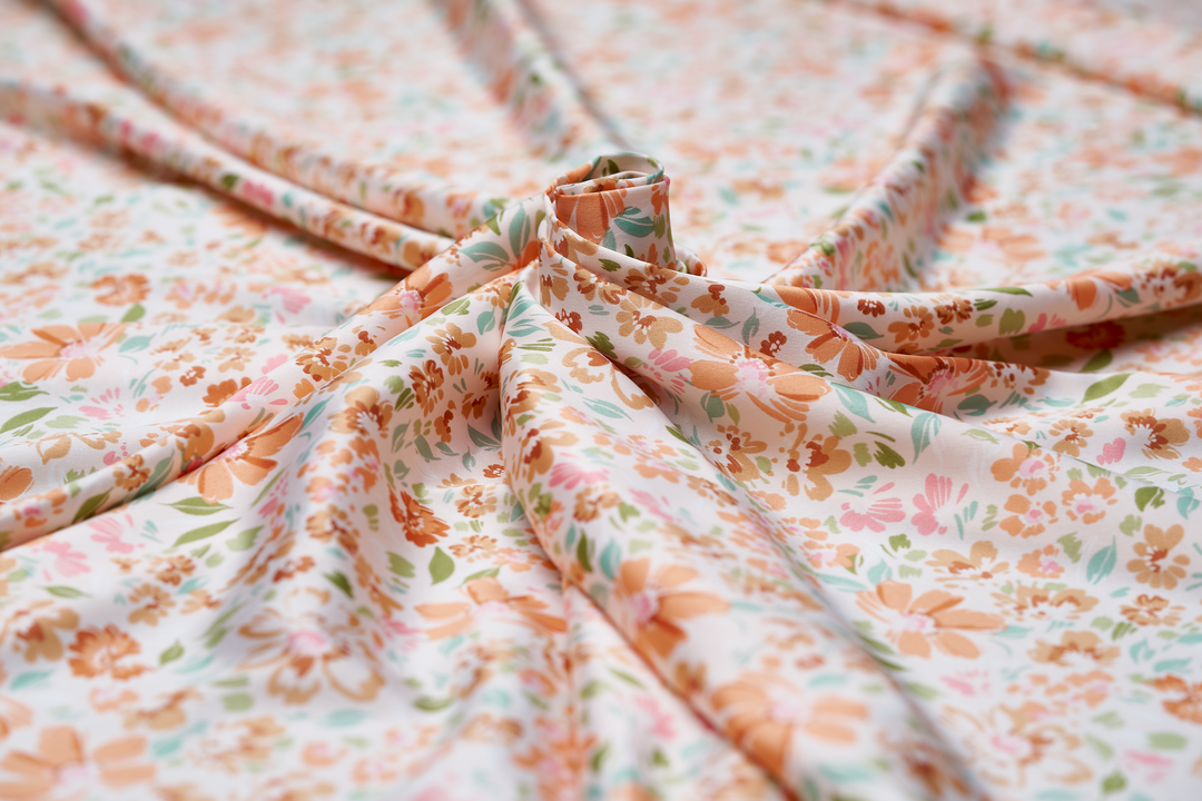 Faux silk charmeuse satin fabric by the yard - Off white  orange green    floral  print