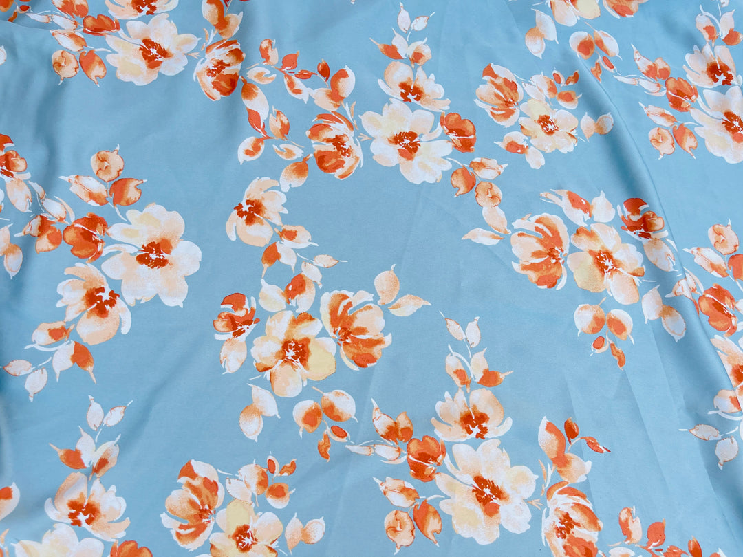 satin  dobby fabric by the yard - Dusty blue with rusty orange  floral  pattern