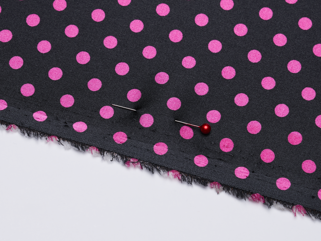 Faux silk charmeus satin fabric by the yard - black polka dots on Hot Pink