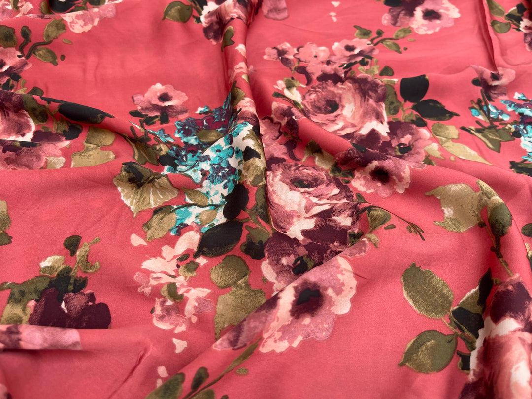 Lightweight  satin  fabric by the yard - Burnt coral  with teal burgundy   florals  print