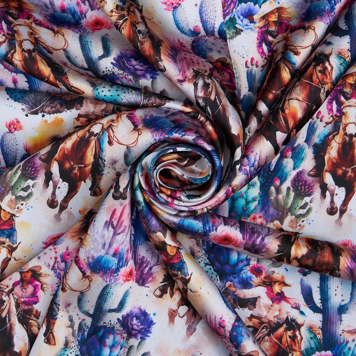 Charmeuse Satin sublimation  fabric by the yard -   Cowgirls cactus sunsets western   print