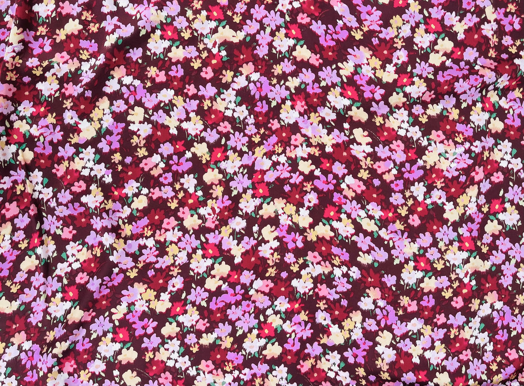 Lightweight  satin fabric by the yard - Burgundy brown pink  dainty floral pattern