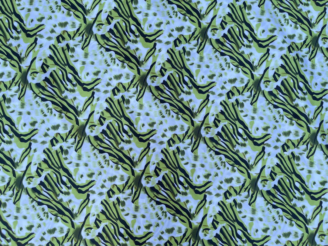 Charmeuse satin fabric by the yard - Green and off white animal print