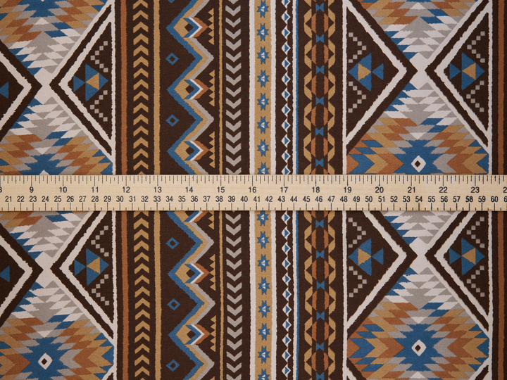 Charmeuse satin fabric by the yard - Brown blue Tribal   print - USA made