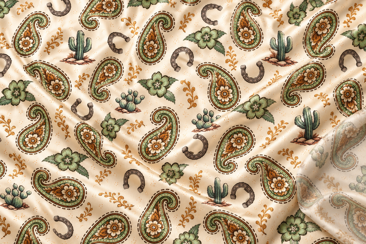 Paisley n’ Cactus   - Silky Satin Charmeuse print - fabric by the yard -
