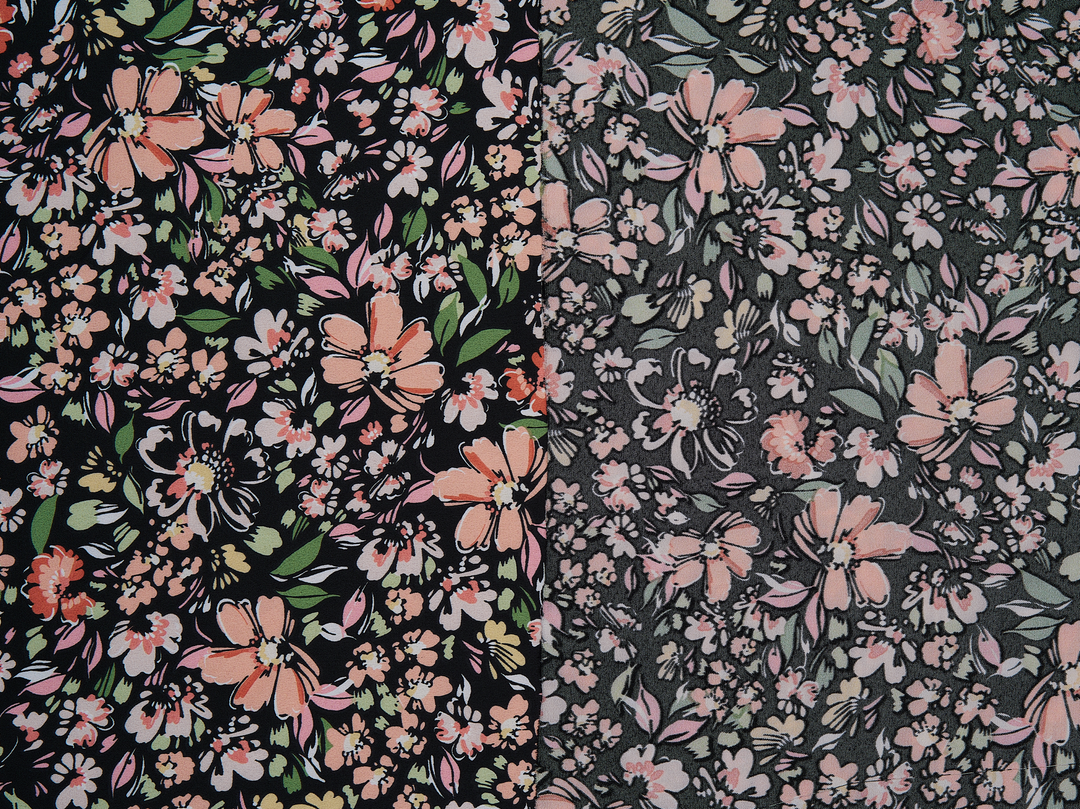 Faux silk charmeuse satin fabric by the yard - Black orange ivory   floral  print