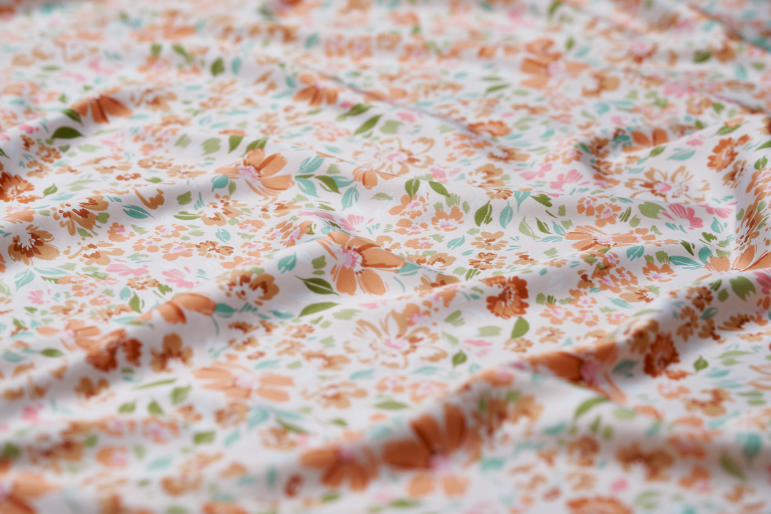 Faux silk charmeuse satin fabric by the yard - Off white  orange green    floral  print