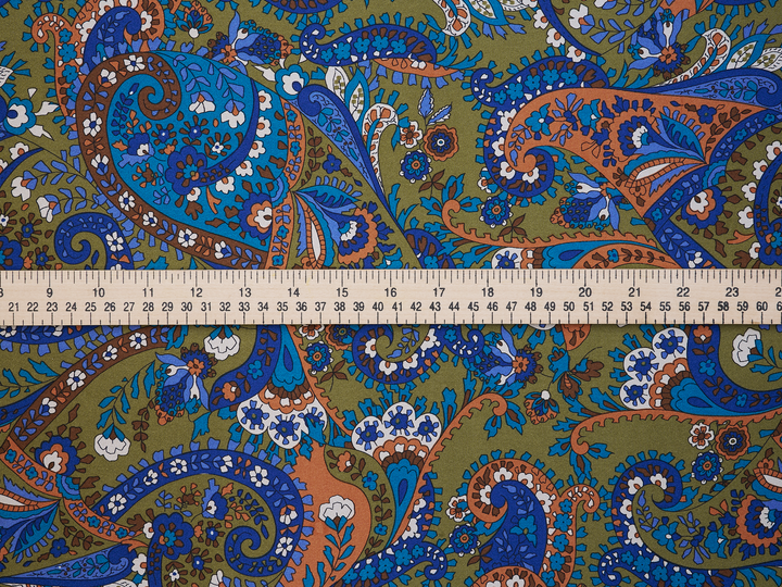 Paisley charmeuse satin fabric by the yard - Green, blue and brown tones