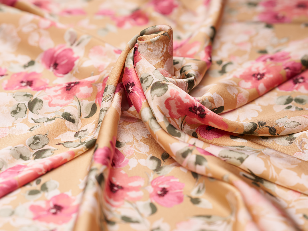 Lightweight  satin  dobby fabric by the yard - raspberry pink  floral  pattern