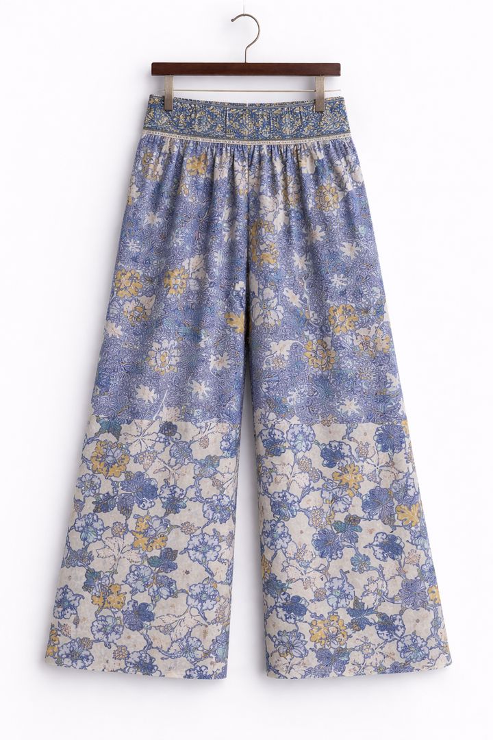 Blue and off white  floral border Lightweight  satin   fabric by the yard - Kimono fabric