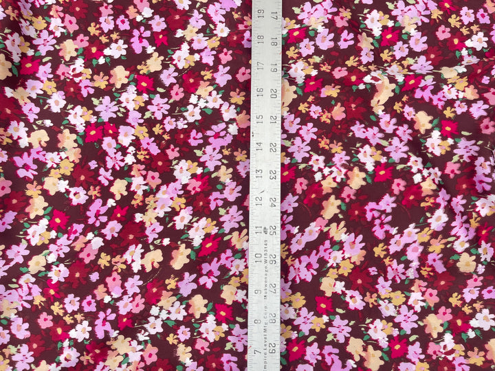 Lightweight  satin fabric by the yard - Burgundy brown pink  dainty floral pattern