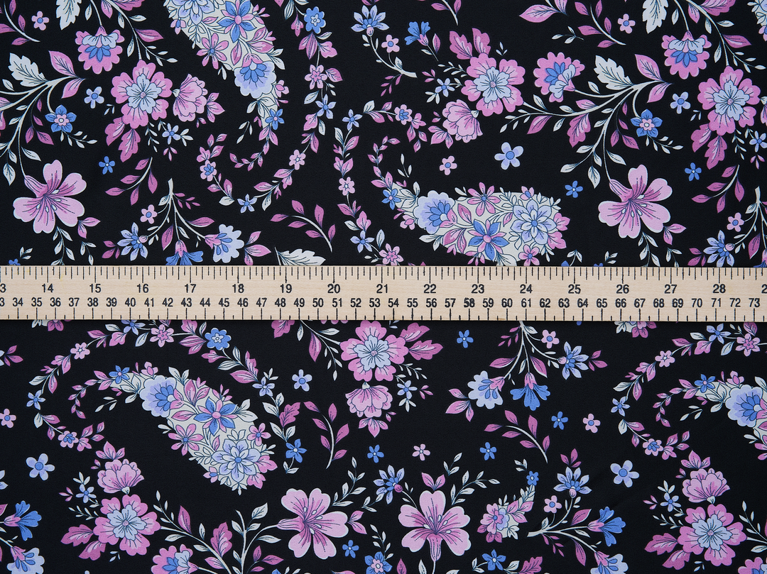 Faux silk charmeuse satin fabric by the yard - Black purple floral paisley print