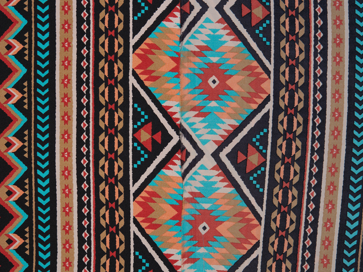 Charmeuse satin fabric by the yard - Black teal Tribal   print - USA made