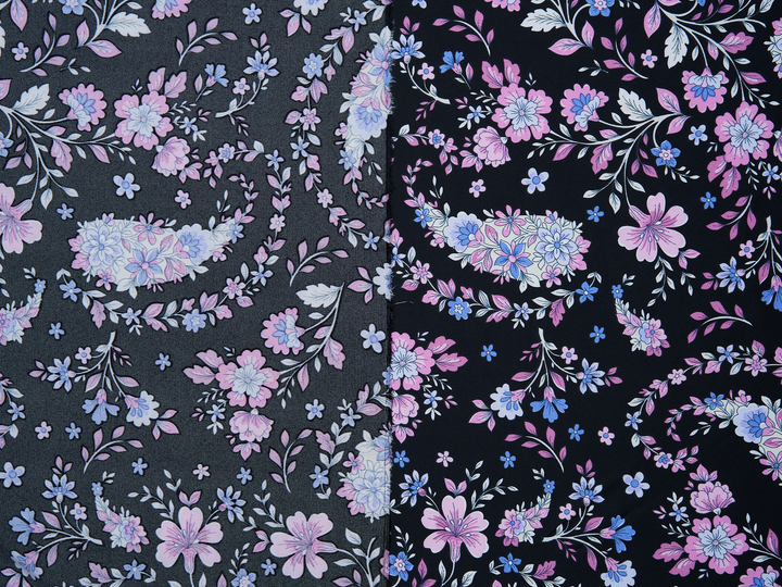 Faux silk charmeuse satin fabric by the yard - Black purple floral paisley print