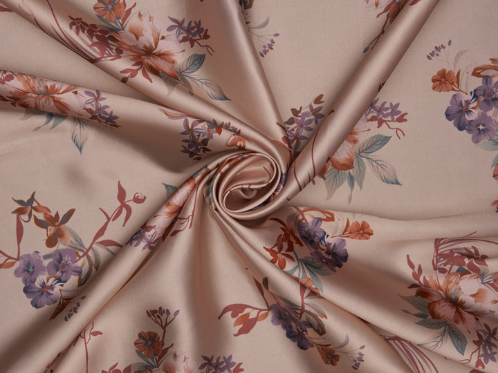 Lightweight  satin fabric by the yard - Rusty lavender flowers  with brown tones on a Peachy background - floral pattern