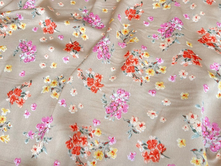 Lightweight  satin  dobby fabric by the yard - Pink orange flowers on bronze background  floral  pattern