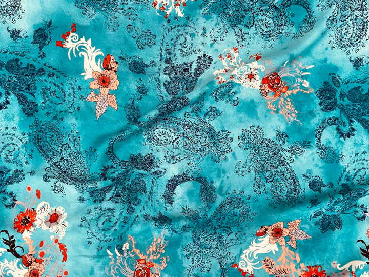 Lightweight  satin  fabric - Blue paisley and orange flowers print