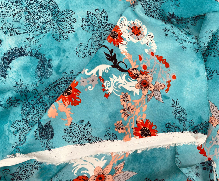 Lightweight  satin  fabric - Blue paisley and orange flowers print