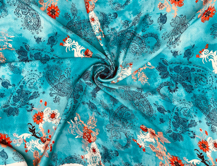 Lightweight  satin  fabric - Blue paisley and orange flowers print