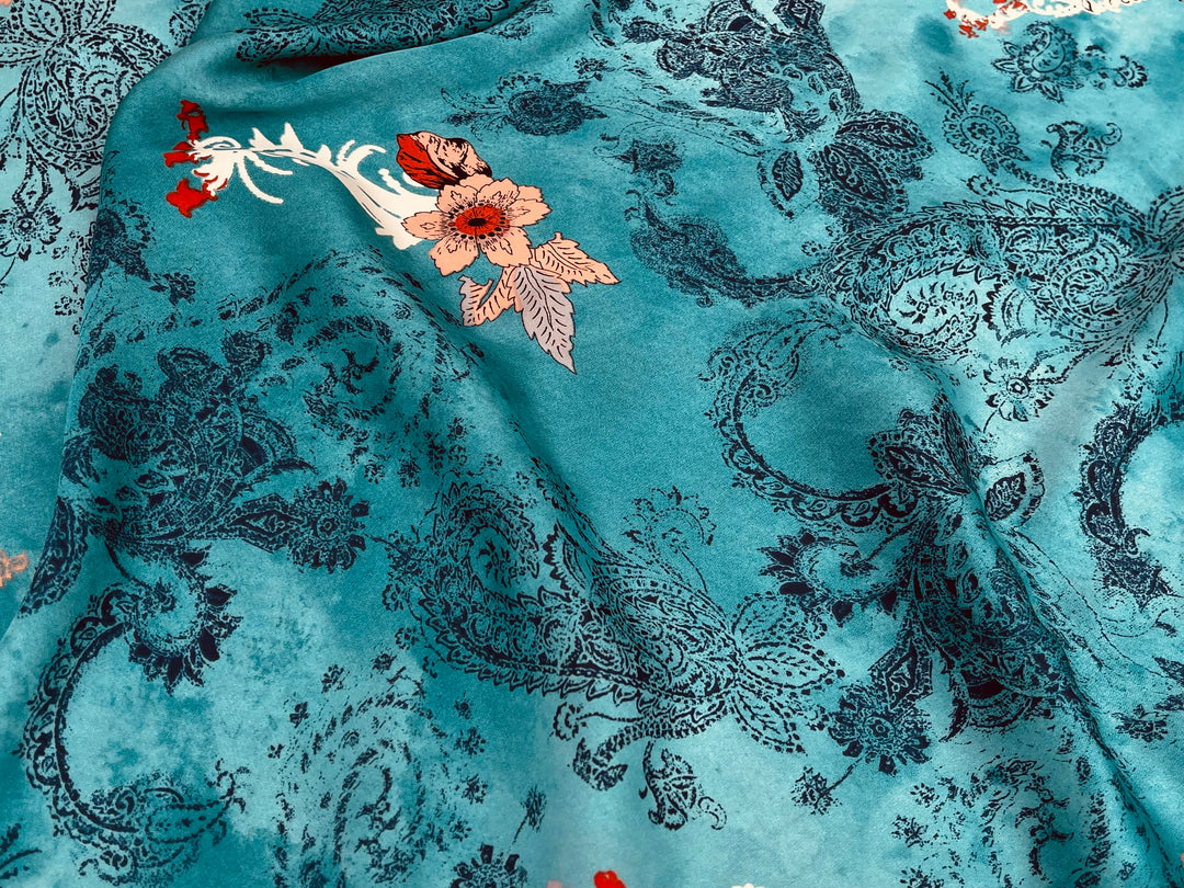 Lightweight  satin  fabric - Blue paisley and orange flowers print