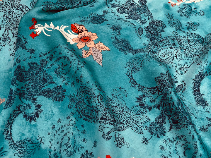 Lightweight  satin  fabric - Blue paisley and orange flowers print