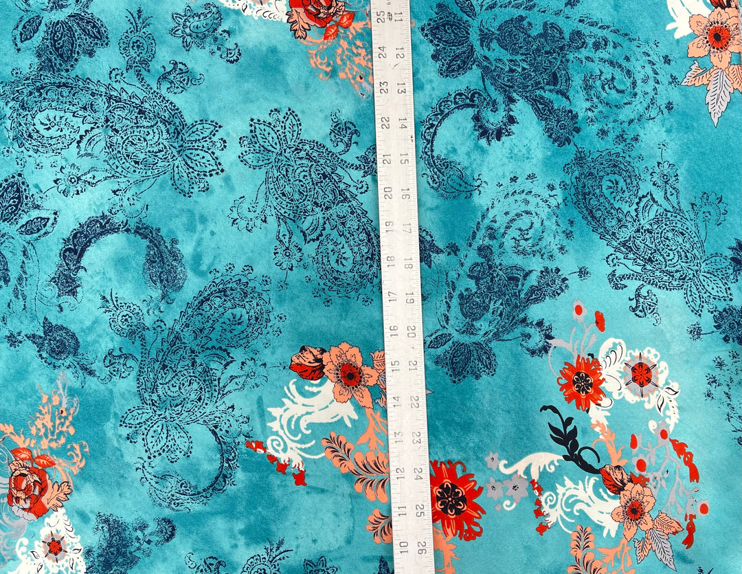 Lightweight  satin  fabric - Blue paisley and orange flowers print