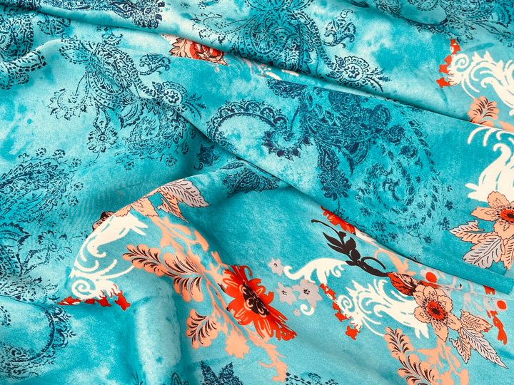 Lightweight  satin  fabric - Blue paisley and orange flowers print