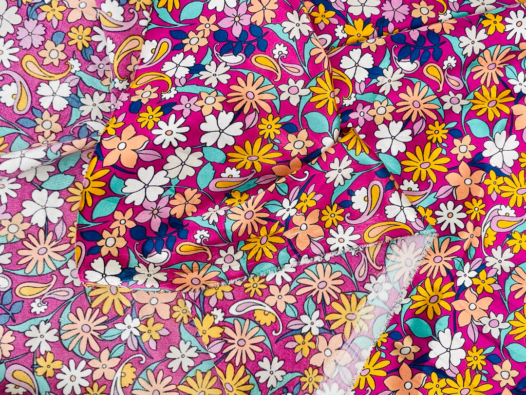 Faux silk charmeuse satin fabric by the yard -  Paisley floral  print