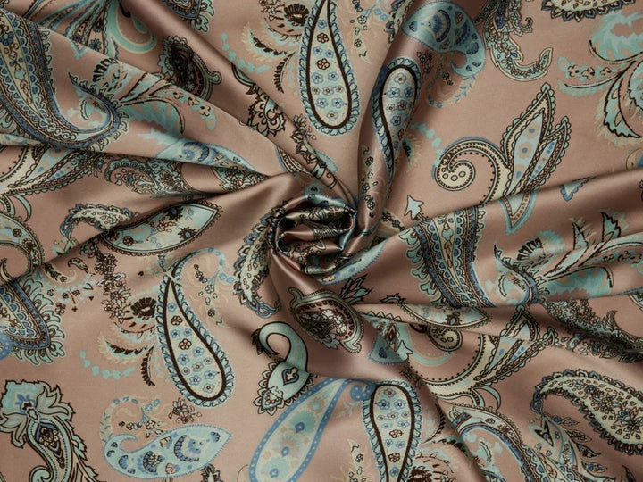 Charmeuse satin fabric by the yard - dusty pink paisley  print - USA made