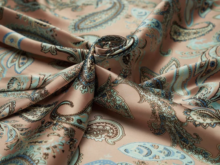 Charmeuse satin fabric by the yard - dusty pink paisley  print - USA made