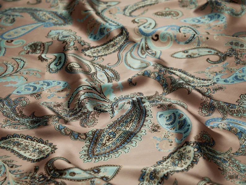 Charmeuse satin fabric by the yard - dusty pink paisley  print - USA made