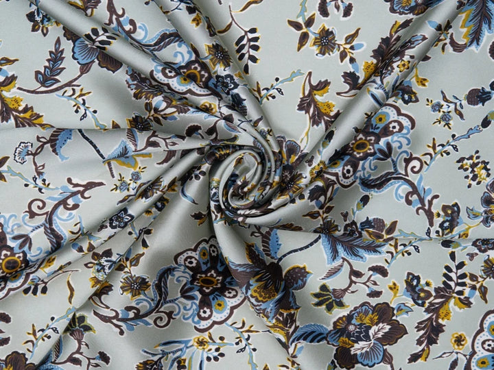 Charmeuse satin fabric by the yard - green sage  floral print
