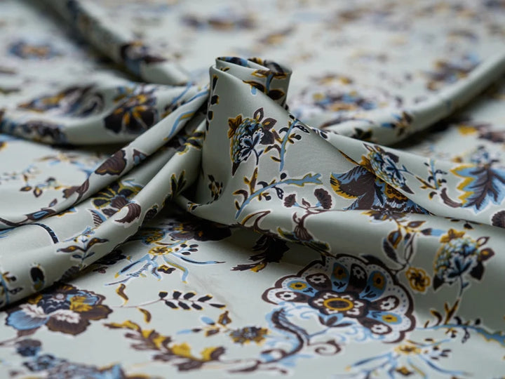 Charmeuse satin fabric by the yard - green sage  floral print