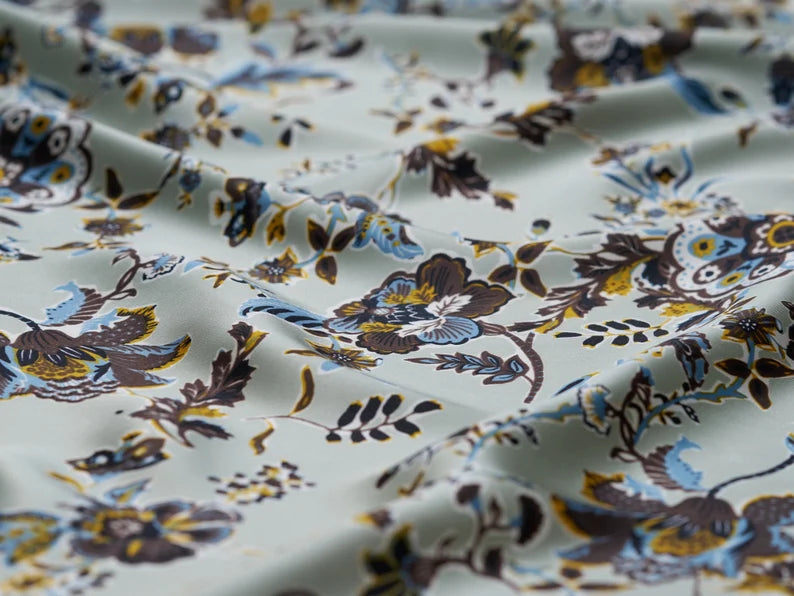 Charmeuse satin fabric by the yard - green sage  floral print